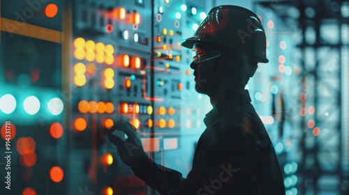 Silhouette of an engineer working on a control panel in a brightly lit industrial setting.