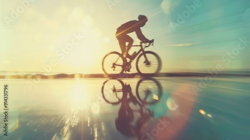 Silhouette of cyclist riding on a road with a lake reflecting the sunset. photo