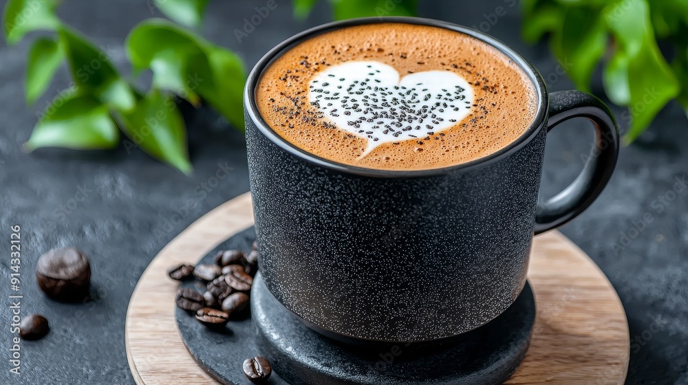 A beautifully crafted cup of coffee with heart-shaped latte art on a wooden coaster, surrounded by coffee beans and greenery. A beautifully crafted cup of coffee with heart-shaped latte art on a wooden coaster, surrounded by coffee beans and greenery.