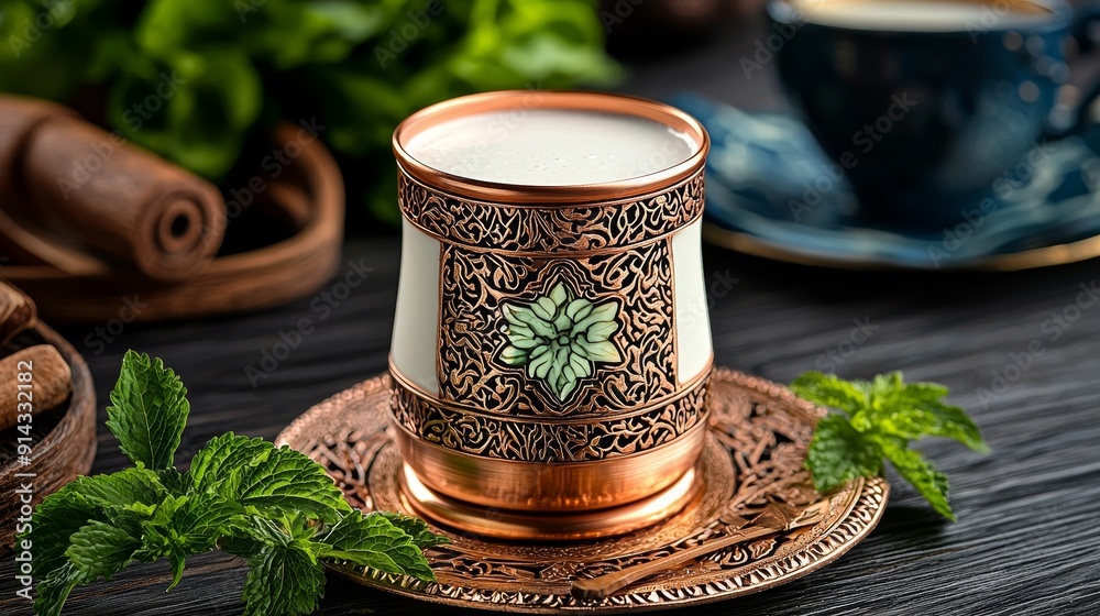 A beautifully crafted cup of tea, adorned with intricate patterns, surrounded by fresh mint leaves and spices on a rustic table. A beautifully crafted cup of tea, adorned with intricate patterns, surrounded by fresh mint leaves and spices on a rustic table.