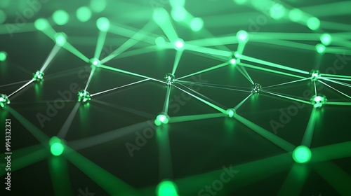 Abstract green network lines and light points on black background, representing digital data, technology, and communication.