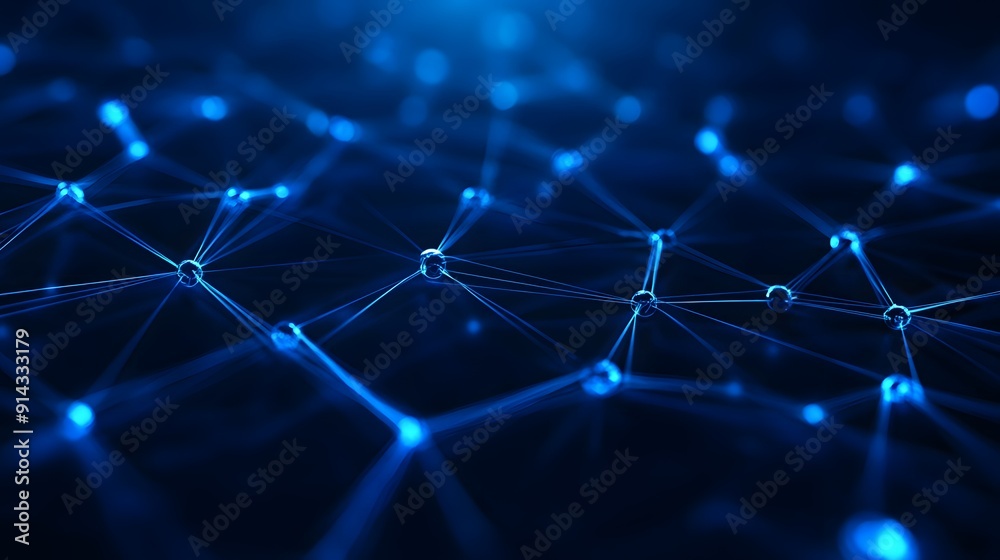 Obraz premium Abstract representation of a digital network with glowing nodes and interconnected lines, showcasing futuristic technology and data communication.