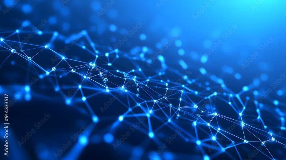 Fototapeta premium Abstract technological background with glowing blue nodes and lines forming a network structure. Ideal for AI, data, and tech concepts.