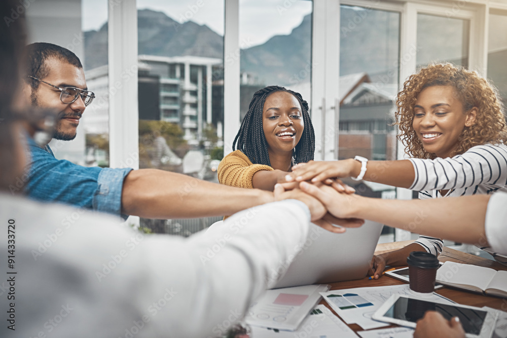 Fototapeta premium Collaboration, hands in huddle and team of business people in office together for solidarity or support. Meeting, motivation and success with employee group in creative workplace for goals or target