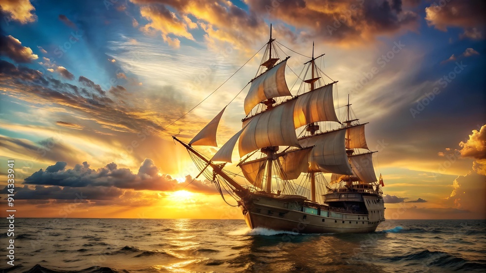 Obraz premium The Sun-Kissed Galleon: A Glimpse of Golden Hour on the Open Sea Generative AI