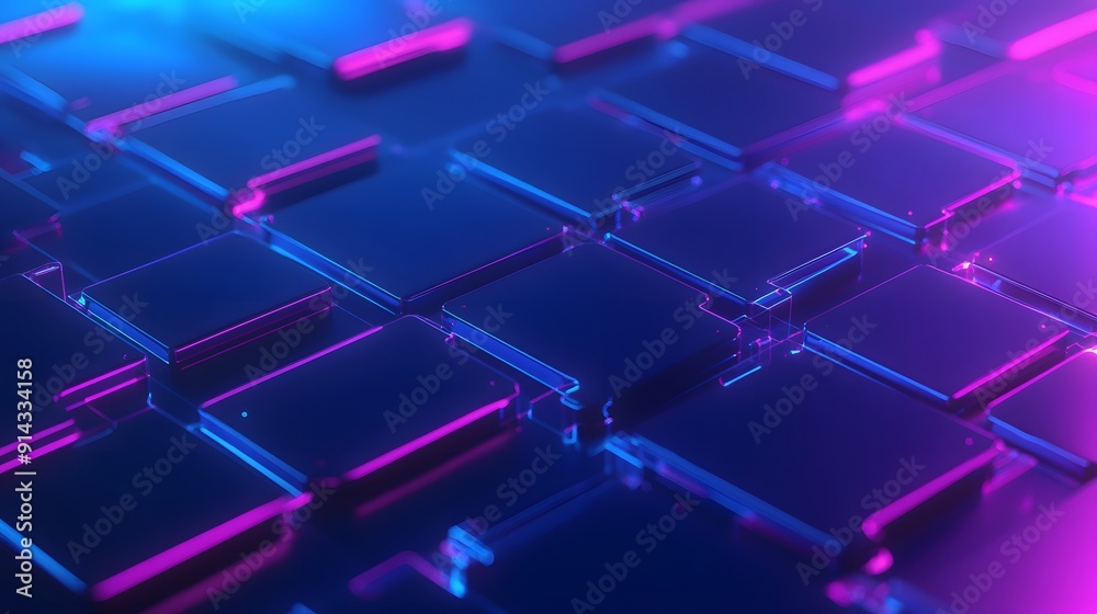 Obraz premium Futuristic abstract 3D render of illuminated glass squares with blue and pink neon lights creating a modern digital texture.