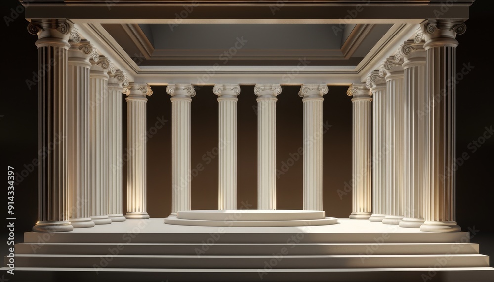 photo featuring a 3D podium adorned with Greek-inspired columns, creating a classical and timeless photo featuring a 3D podium adorned with Greek-inspired columns, creating a classical and timeless