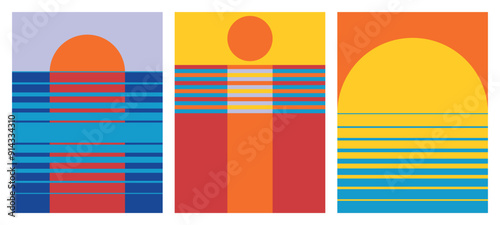 Set of 3 posters design in trendy 1970s retro line style. The sea sunset poster. Modern art poster retro vintage style 70s stripes background template lines shapes vector design
