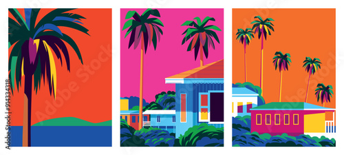 Set of travel posters. 3 beautiful caribbean landscapes with bungalows, palms and the sea in the background. Handmade drawing vector illustration. Caribbean style poster.