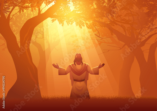 Jesus in prayer amongst the ancient olive trees of Gethsemane. Dramatic imagery captures the solemnity and serenity of this sacred moment, as Jesus prepares for the trials that lie ahead