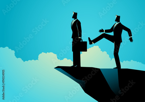 Businessman attempting to kick another businessman into an abyss. Perfect for themes of cutthroat competition, rivalry, and corporate power struggles, symbolizes the harsh of the business world