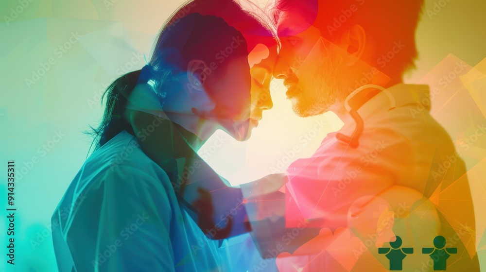 Two figures embrace in a colorful, abstract glow. Their faces are illuminated by a warm Two figures embrace in a colorful, abstract glow. Their faces are illuminated by a warm