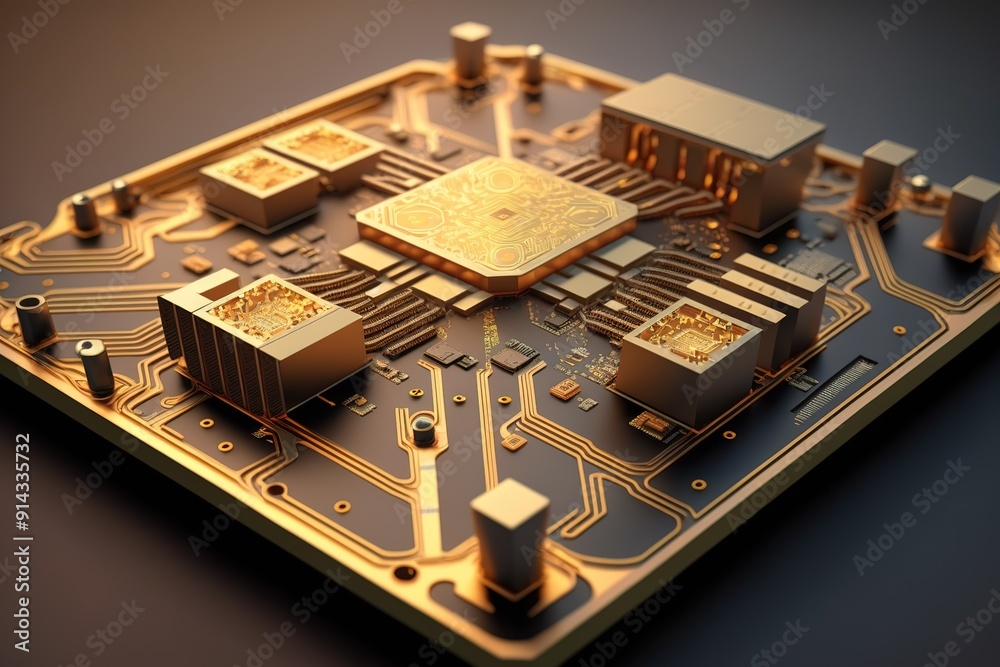 Close-up of a gold circuit board with a central processor. Close-up of a gold circuit board with a central processor.
