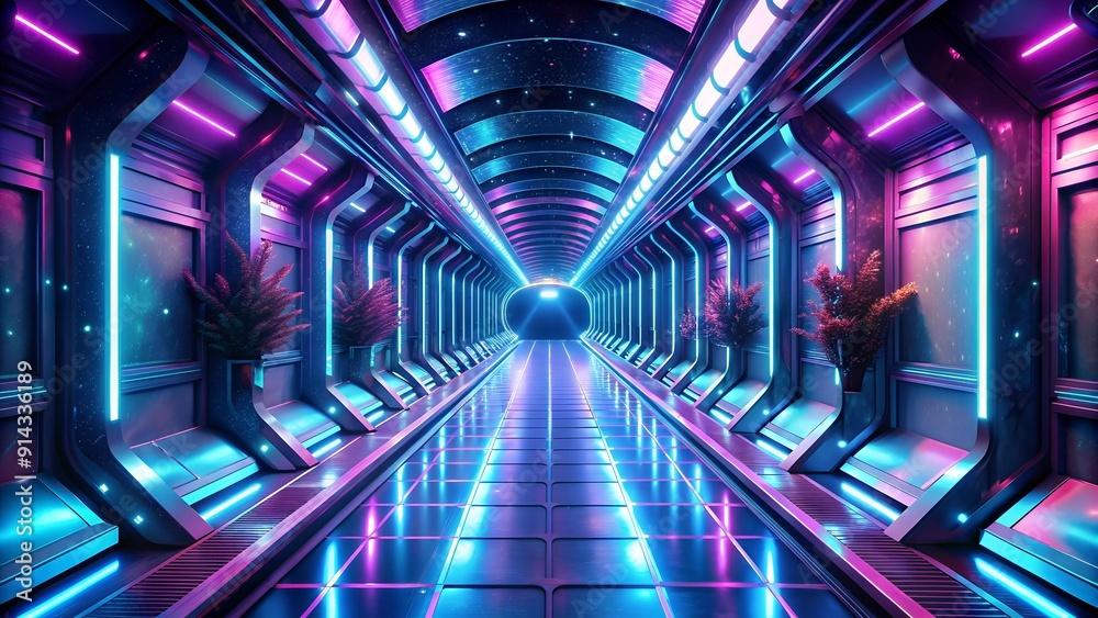 A Tunnel of Ethereal Hues: Bio-luminescent Flora Bathe the Dark Blue and Pink Spaceship Interior in a Dreamlike Glow Generative AI A Tunnel of Ethereal Hues: Bio-luminescent Flora Bathe the Dark Blue and Pink Spaceship Interior in a Dreamlike Glow Generative AI