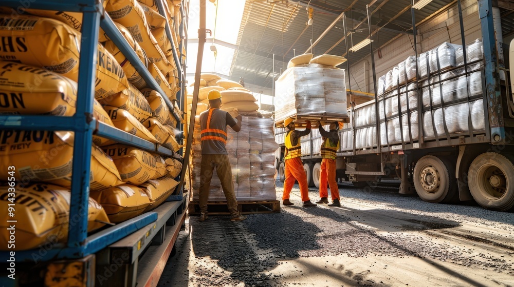 Two workers unloading sacks of cargo from a truck at a warehouse. Two workers unloading sacks of cargo from a truck at a warehouse.