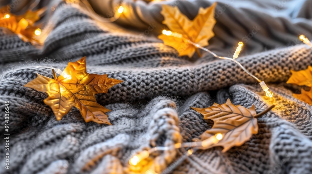 A close up of an autumn sweater with leaves and fairy lights A close up of an autumn sweater with leaves and fairy lights