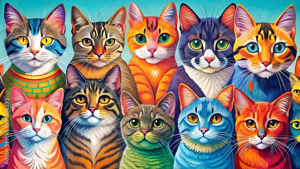 Obraz premium A Colorful Medley of Cats in a Joyful Artistic Expression Generative AI