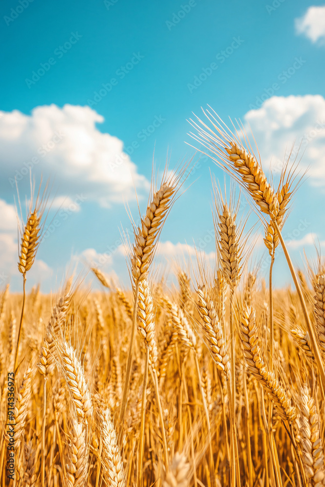 A beautiful golden wheat field against a background of blue sky and clouds on a sunny autumn day, depicting harvest, agriculture, and small business concepts. A beautiful golden wheat field against a background of blue sky and clouds on a sunny autumn day, depicting harvest, agriculture, and small business concepts.