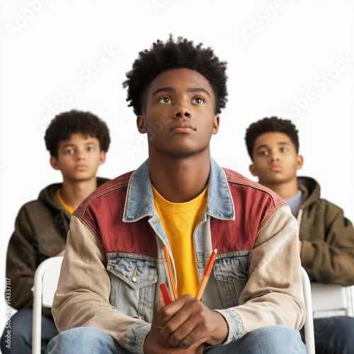 Group of attentive teenage boys sitting in a classroom holding pencils