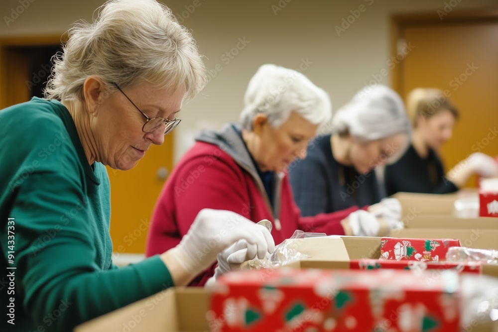 Volunteers Preparing Holiday Gifts in a Community Center During Winter Season Volunteers Preparing Holiday Gifts in a Community Center During Winter Season
