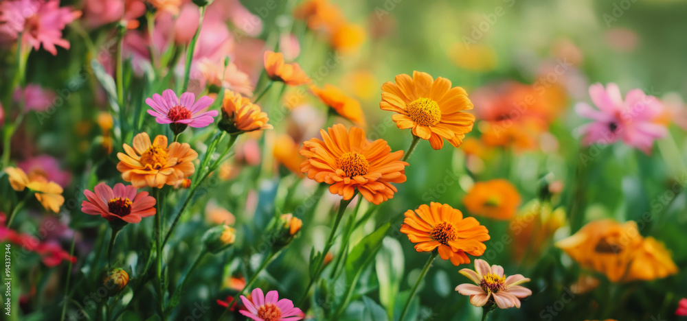 Vibrant Spring Garden Filled With Colorful Flowers in Bloom Under Warm Sunshine Vibrant Spring Garden Filled With Colorful Flowers in Bloom Under Warm Sunshine