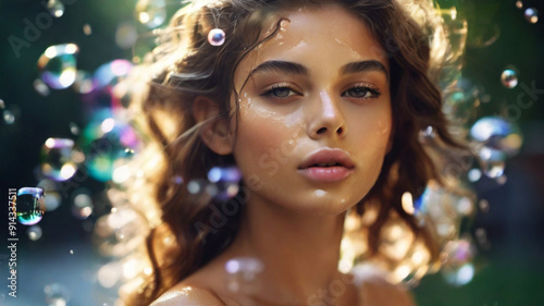 Close up portrait of gorgeous young woman in 20s with perfect glowy skin and soap bubbles around, cleansing foaming face wash, concept of hygiene and purity 