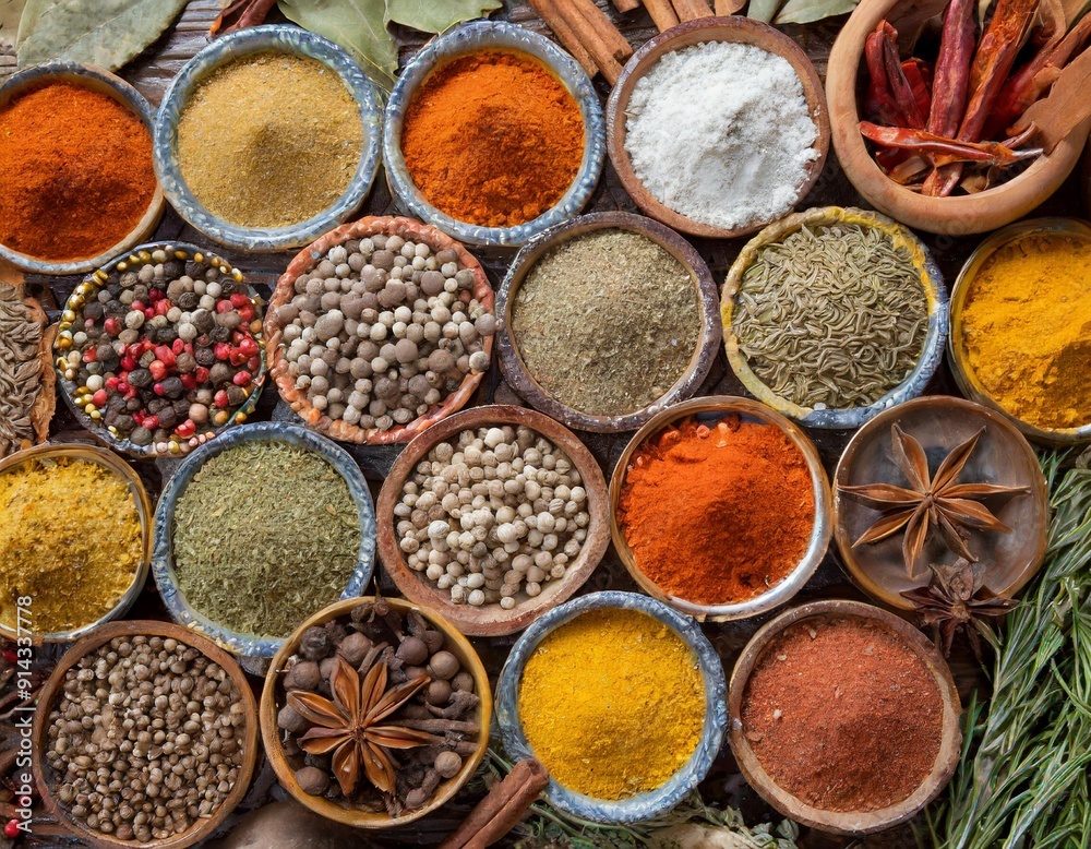 Colorful Spice Background with Variety of Spices in Bowls Colorful Spice Background with Variety of Spices in Bowls