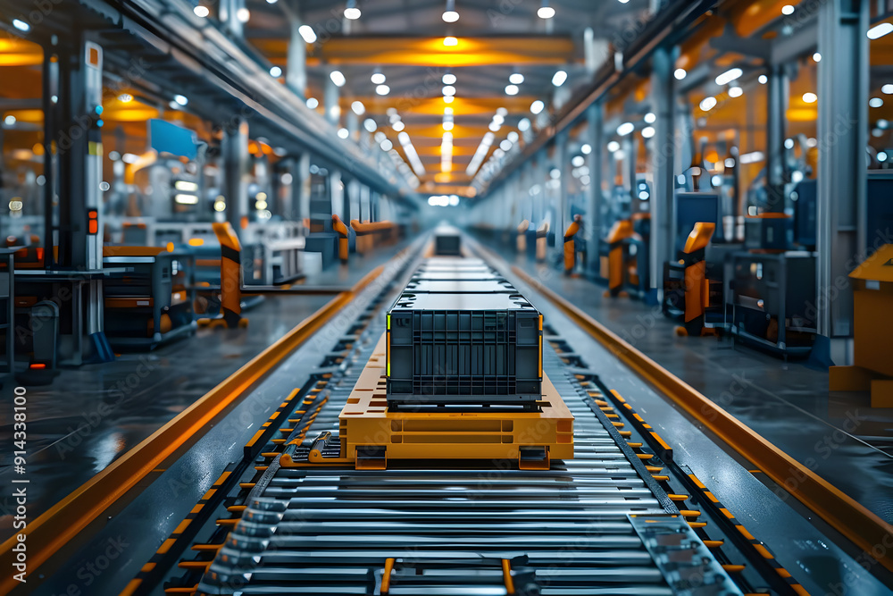A close-up of a black container being transported on a yellow conveyor belt in a large industrial factory. A close-up of a black container being transported on a yellow conveyor belt in a large industrial factory.
