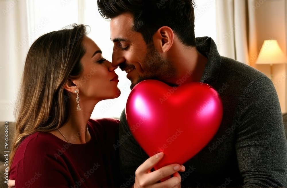 Couple in love kisses with heart balloon at home Couple in love kisses with heart balloon at home