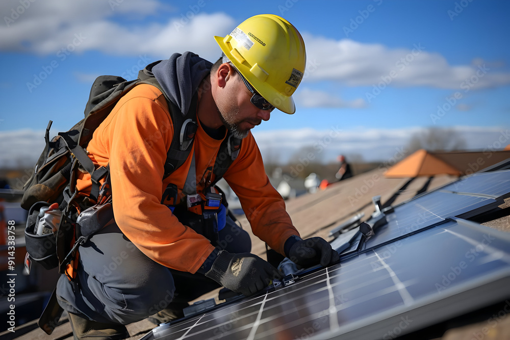 A construction worker in a hard hat and safety gear installs solar panels on a roof. A construction worker in a hard hat and safety gear installs solar panels on a roof.