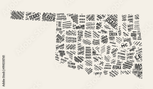 Oklahoma Word Cloud. State with counties division. Oklahoma typographic text clouds vector image design. Vintage gazette style state shape image. Awesome vector illustration.