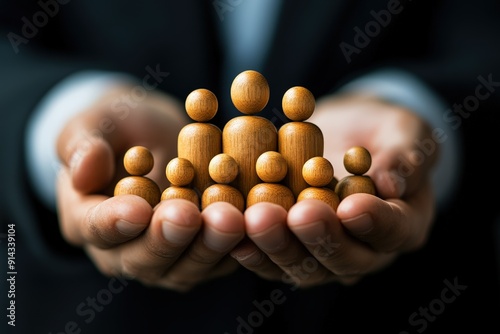 Protecting the Future: A pair of hands cradles a group of wooden figures, symbolizing the importance of human connection and the responsibility of leadership in safeguarding a collective future. 