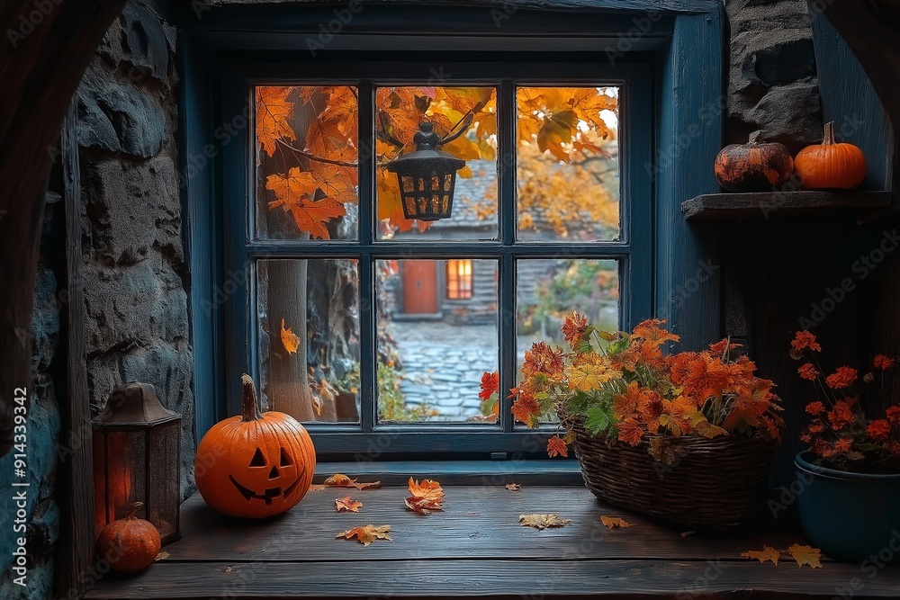 Obraz premium Halloween-themed window decor with pumpkins and autumn leaves