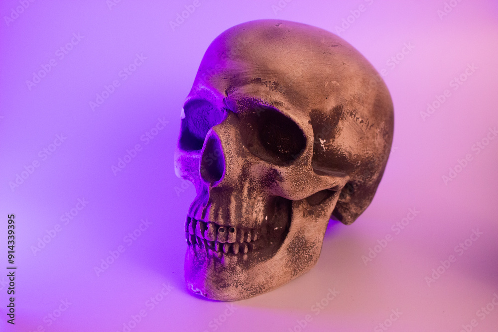 The artificial skull sits ominously, its hollow eyes and gaping mouth creating an eerie presence. This realistic-looking skull would make a chilling Halloween decoration, perfectly capturing the spook The artificial skull sits ominously, its hollow eyes and gaping mouth creating an eerie presence. This realistic-looking skull would make a chilling Halloween decoration, perfectly capturing the spook