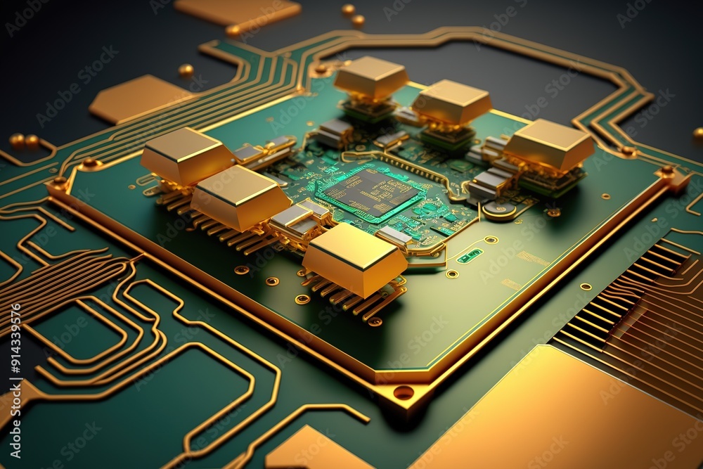 Closeup of a gold circuit board with a microchip. Closeup of a gold circuit board with a microchip.