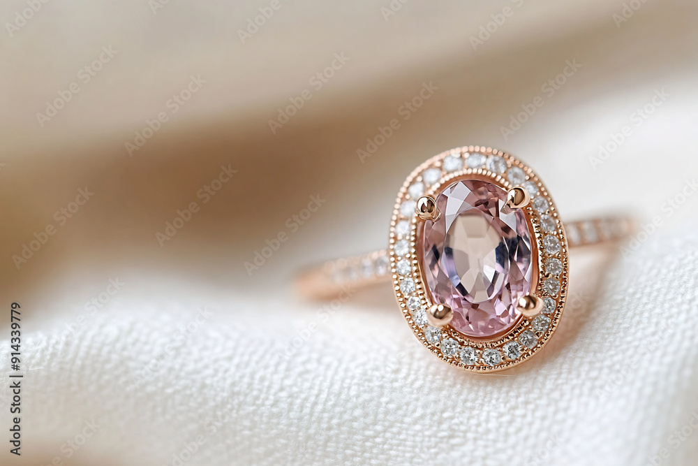 A rose gold ring with diamonds placed on a white linen fabric A rose gold ring with diamonds placed on a white linen fabric