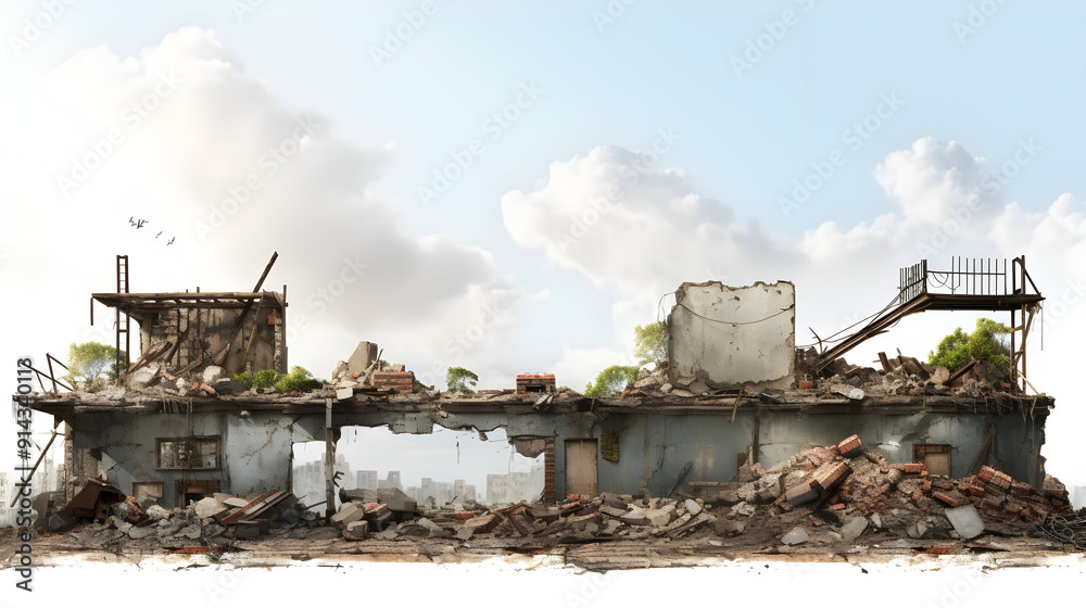 A crumbling building against a cloudy sky, a bleak symbol of destruction and loss. A crumbling building against a cloudy sky, a bleak symbol of destruction and loss.