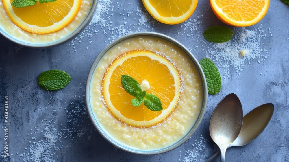 Bowl of millet pudding topped with fresh orange slices Bowl of millet pudding topped with fresh orange slices