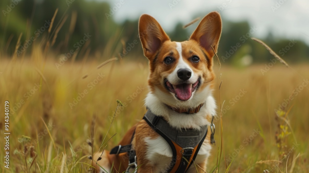 Dog wearing a harness, standing or sitting on a grassy field Dog wearing a harness, standing or sitting on a grassy field