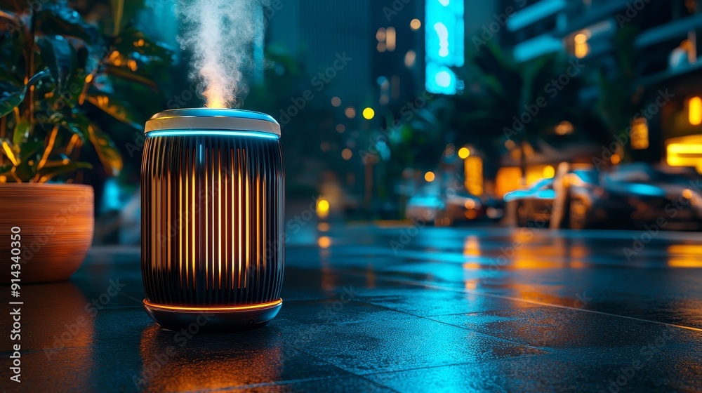 An atmospheric scene featuring a stylish vaporizer emitting steam at night, surrounded by urban elements and vibrant lights. An atmospheric scene featuring a stylish vaporizer emitting steam at night, surrounded by urban elements and vibrant lights.