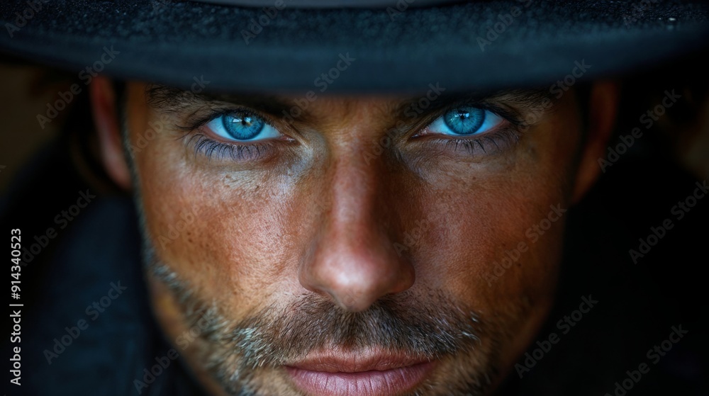 a close-up of a man's face with striking blue eyes and a hat, set against a dark background. a close-up of a man's face with striking blue eyes and a hat, set against a dark background.