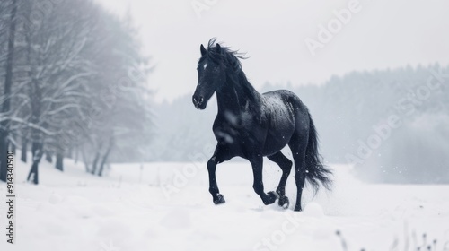 Black horse standing or galloping in a snowy winter landscape