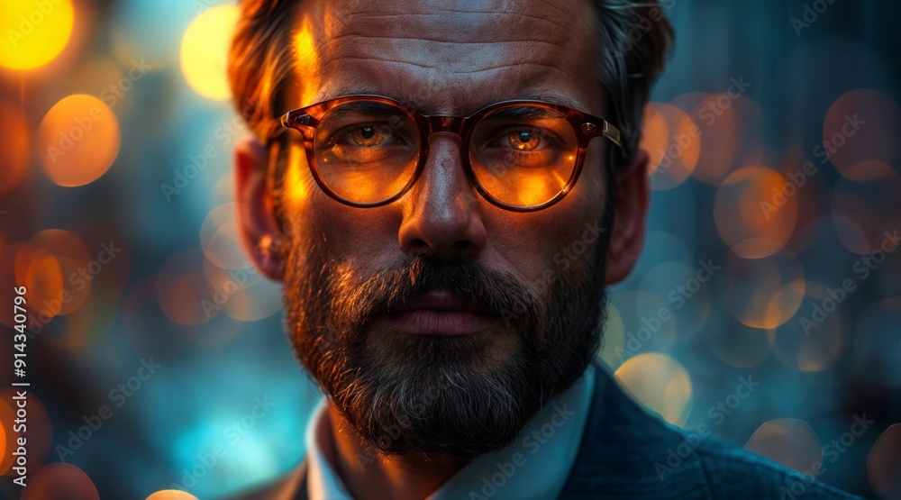 a close-up portrait of a bearded man with glasses, set against a bokeh background, looking directly at the camera with a serious expression. a close-up portrait of a bearded man with glasses, set against a bokeh background, looking directly at the camera with a serious expression.