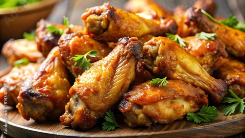 Golden Wings of Flavor: A Close-Up of Crispy Roasted Chicken Wings  AI generated photo