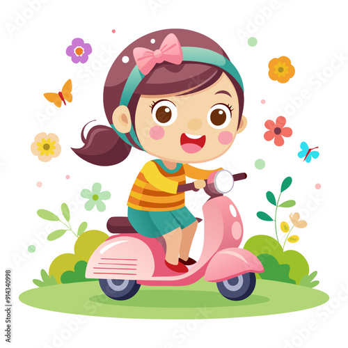 Cute little girl riding a scooter. Isolated vector illustration. 