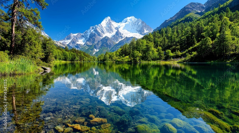 Fototapeta premium Breathtaking mountain landscape reflecting in a serene lake, surrounded by lush greenery and clear blue skies.