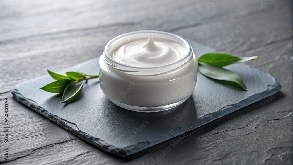 A jar of creamy lotion rests on a slate surface. A jar of creamy lotion rests on a slate surface.