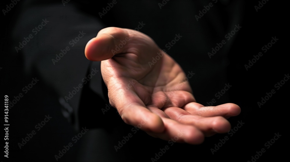Businessman, upper body blurred in background, hands in focus, studio light gesture, black background
Businessman, upper body blurred in background, hands in focus, studio light gesture, black background