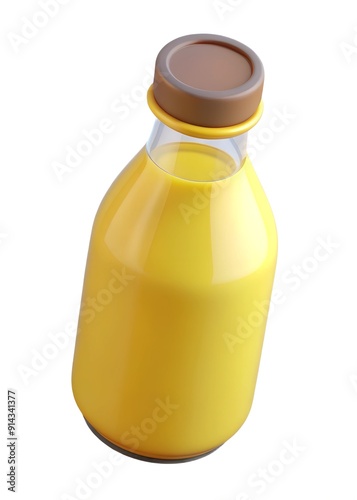 A yellow liquid bottle with a brown lid on a white background