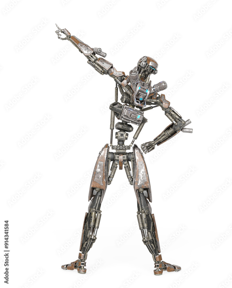 apocalypse cyborg is pointing up to the stars like a comic hero on rear view apocalypse cyborg is pointing up to the stars like a comic hero on rear view